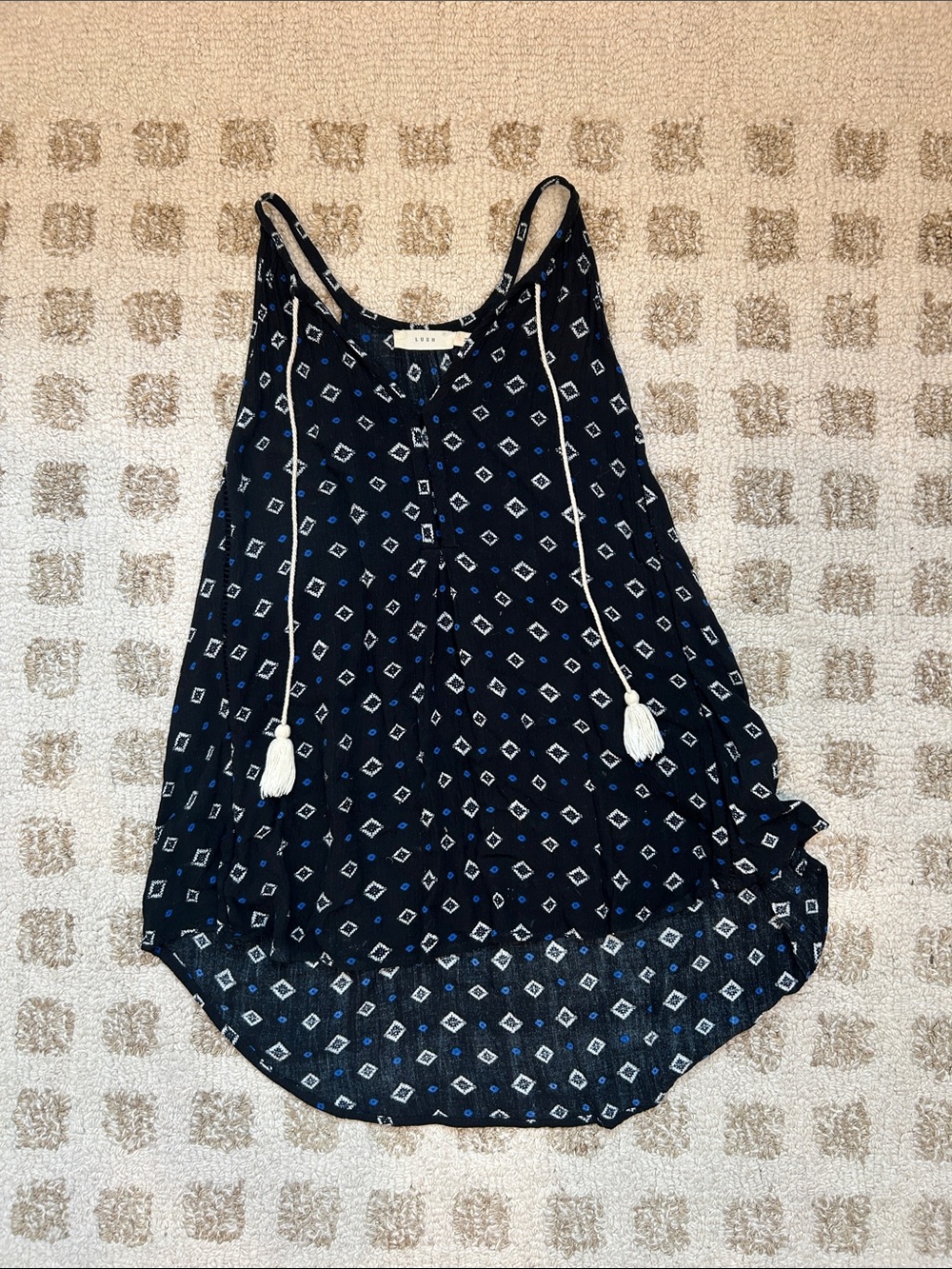 Lush Black Diamond Print Tank with Blue Accents
